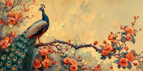 A stunning peacock rests on a branch of flowers.