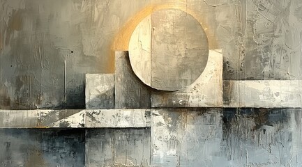 grey and white abstract acrylic painting with several white and pastel shapes