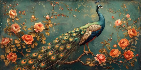 A stunning peacock rests on a branch of flowers.