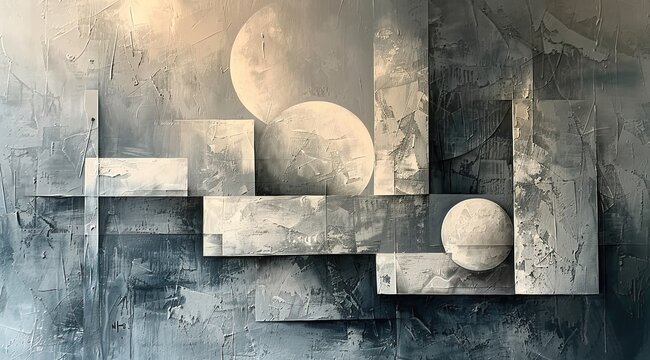grey and white abstract acrylic painting with several white and pastel shapes