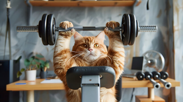 A photo of an orange cat lifting weights in the gym