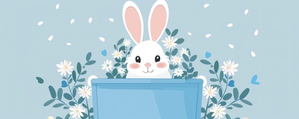The blue flower box with a white bunny inside and a white backdrop