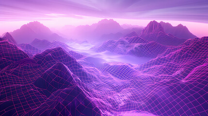 A purple wireframe mesh with mountains in the background