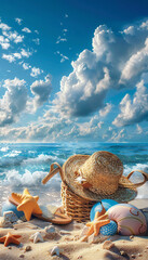 Vertical recreation of summer hat and beach objects in the shore of a paradisiac beach	