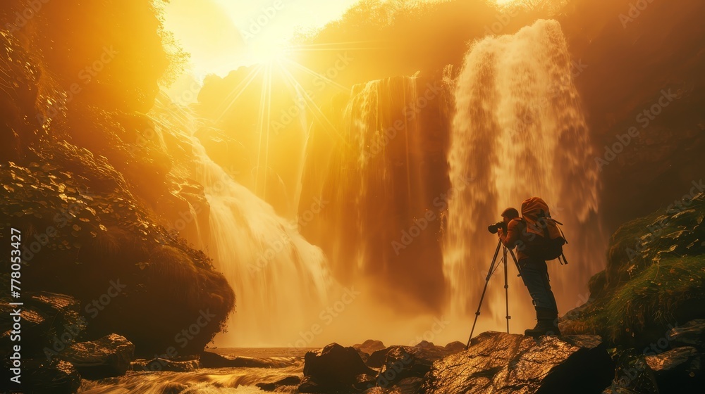 Poster a man with a camera is standing in front of a waterfall. the waterfall is surrounded by rocks and tr