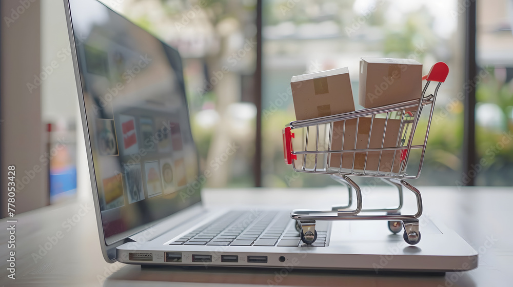 Poster A small shopping cart with boxes on top is placed next to an open laptop computer