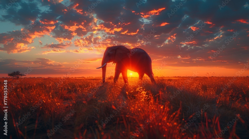 Poster A large elephant is walking through a field of tall grass. The sun is setting in the background, casting a warm glow over the scene