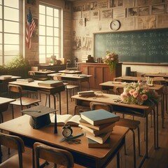 A nostalgic shot of an empty classroom with textbooks and flowers left behind.  - obrazy, fototapety, plakaty