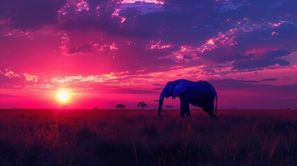 A large elephant is walking through a field of grass with a pink and purple sky in the background - obrazy, fototapety, plakaty