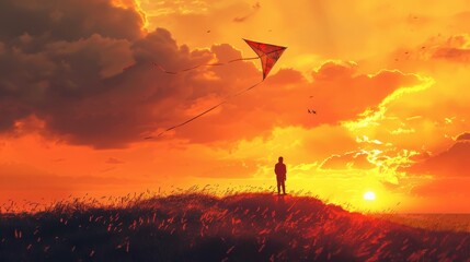 A person is flying a kite in a field at sunset. The sky is orange and the clouds are white - obrazy, fototapety, plakaty