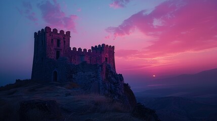 A castle is perched on a hilltop, with a beautiful sunset in the background. The sky is filled with pink and purple hues, creating a serene and peaceful atmosphere - obrazy, fototapety, plakaty