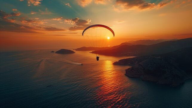 A kite is flying over a body of water with a beautiful sunset in the background. The sky is filled with clouds, and the water is calm. The scene is serene and peaceful