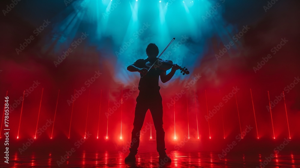 Poster a man is playing a violin on stage in front of a red and blue backdrop. the stage is lit up with bri