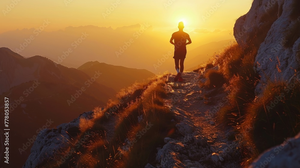 Poster a man is running on a mountain trail with the sun setting in the background. concept of adventure an