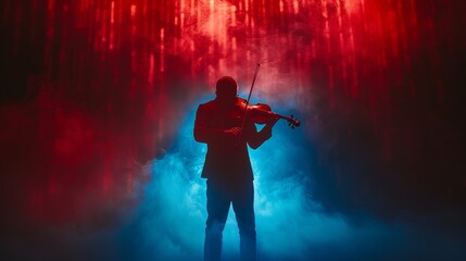 A man is playing a violin in a dark room with smoke. Scene is mysterious and dramatic