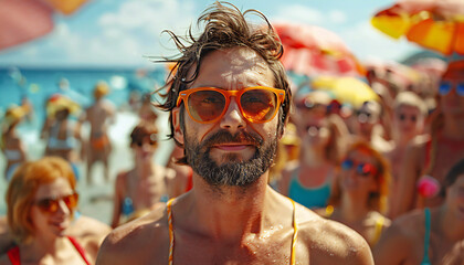Recreation of happy man in a beach full of people in summer - obrazy, fototapety, plakaty