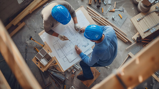 A top-down view of two people wearing blue hard hats