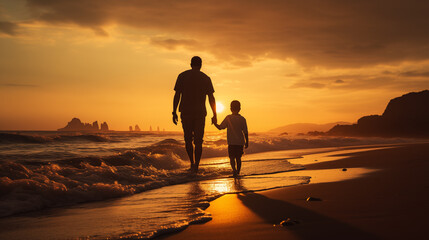man and his son with sunset background walking on beach