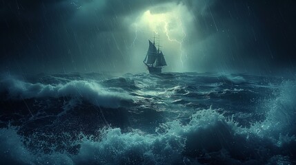 A ship is sailing in the ocean with a storm in the background. Scene is dark and ominous - obrazy, fototapety, plakaty