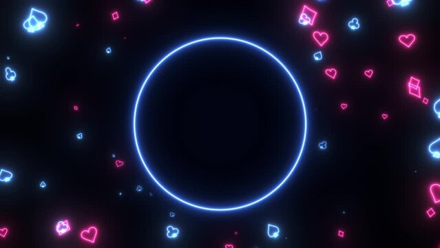 Neon red blue casino background looping with playing card suit symbols 3D render 4K. The neon signs of card suit icons. oncept of online casino and bet. Gambling animation of four playing card suits