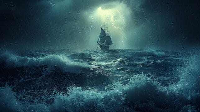 A ship is sailing in the ocean with a storm in the background. Scene is dark and ominous