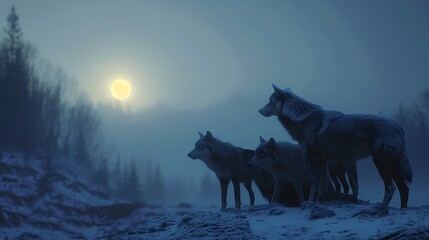 Three wolves standing on a snowy hillside, looking at the moon. Scene is peaceful and serene, as the wolves seem to be enjoying the quiet of the night