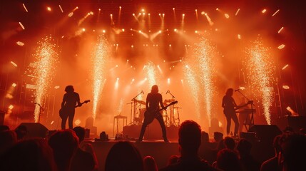 A band is performing on stage in front of a crowd. The stage is lit up with bright lights and there are fireworks in the background. The band members are playing their instruments - obrazy, fototapety, plakaty