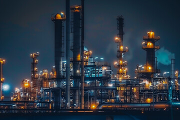 Naklejka premium A large industrial plant with many tall structures and a lot of lights