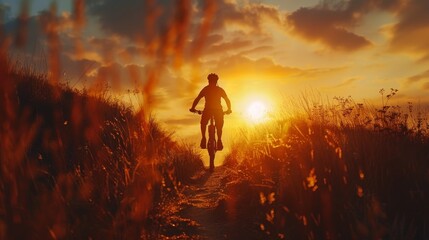 Obraz premium A man is riding a bike in a field with the sun setting in the background. Concept of freedom and adventure, as the man is enjoying the outdoors and the beauty of nature