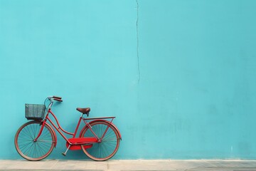 a red bicycle leaning against a blue wall