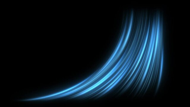 Cold air flow from conditioner effect. air light effect with blue rays. Freezing wind waves air blowing effect. Abstract directional optical fiber neon lines on black Background. Air cooling process