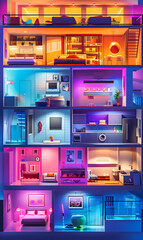 A doll house with many rooms and lights in shades of magenta and electric blue