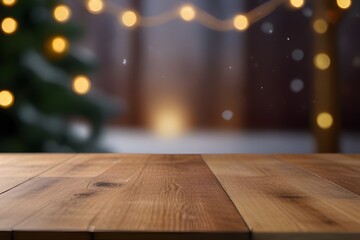 Empty woooden table top with abstract warm living room decor with christmas tree string light blur...