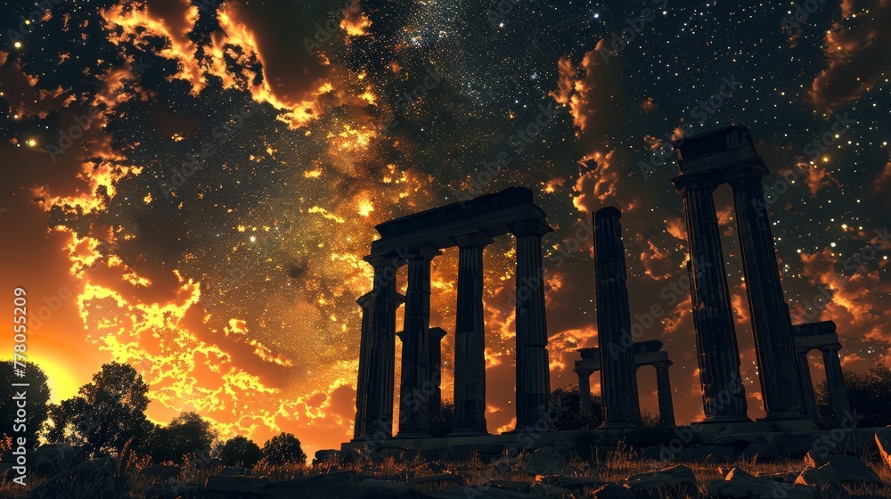 Aufkleber the sky is filled with clouds and stars, creating a serene and peaceful atmosphere. the buildings in