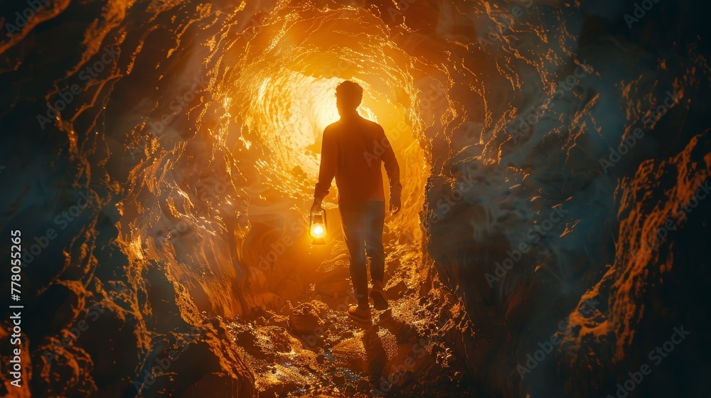 Poster a man is walking through a cave with a lantern in his hand. the cave is dark and the lantern is the 