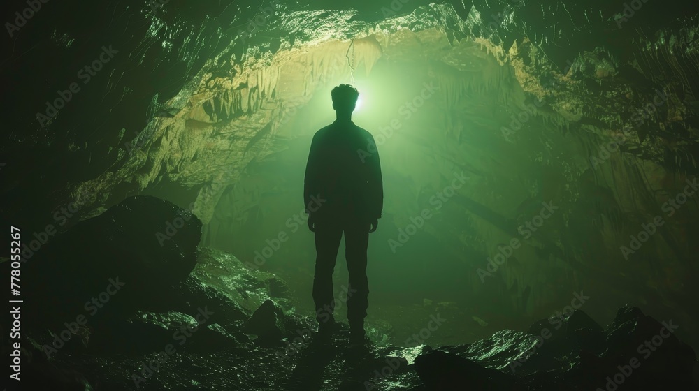 Poster a man stands in a cave with a green light shining on him. the cave is dark and the man is the only v