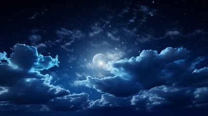 Naklejka na ściany i meble Dark natural background with clouds. Moon in the midnight dark blue sky
