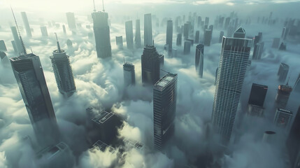 Modern city from a height of flight in the fog skyscrapers in the fog from above 3D rendering 