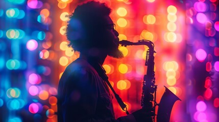 A man playing a saxophone in a colorful background. The image has a vibrant and lively mood, with the bright colors of the background and the man's silhouette against it - obrazy, fototapety, plakaty