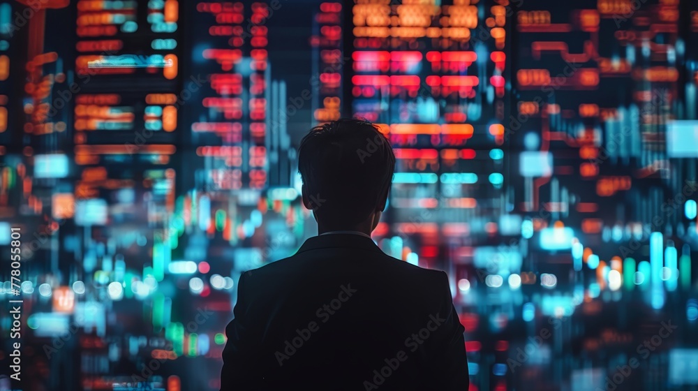 Poster a man is standing in front of a computer screen with a city view in the background. the man is weari