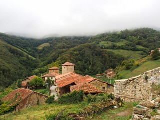 View of the mountain village of Bandujo. Proaza, Asturias, Spain.