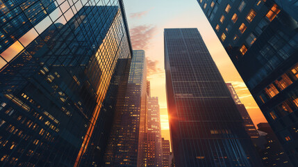 Skyscrapers against the sky high-rise buildings at sunset cityscape with skyscrapers 3D rendering