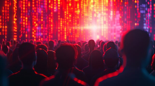 A crowd of people are standing in front of a large screen with a red and orange background. The people are all staring at the screen, and the image conveys a sense of excitement and anticipation