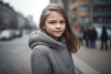 A young girl wearing a gray coat stands on a city street