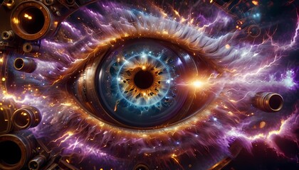 Generative AI.  a close up of an eye. The eye has a lot of detail,  is surrounded by a lot of gears