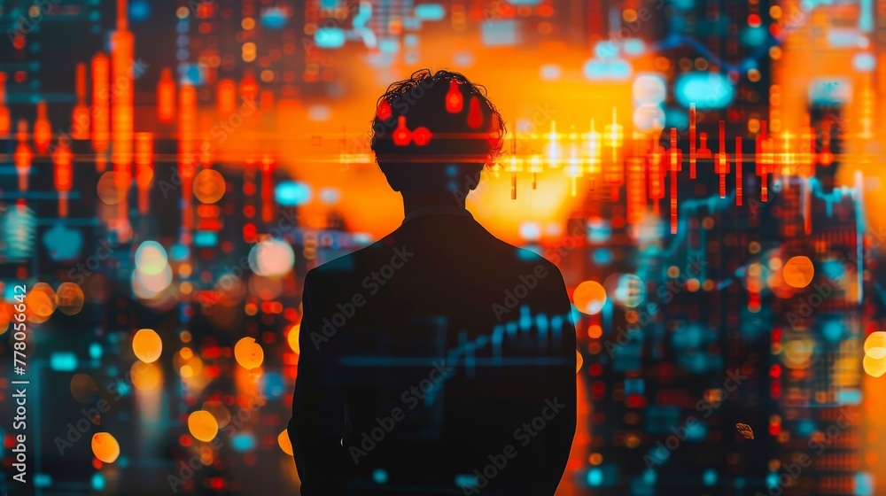 Poster a man is standing in front of a city skyline with a dark suit on. the image is a representation of t
