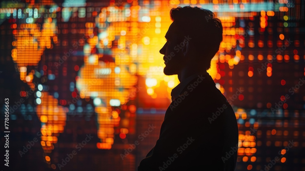 Poster a man is standing in front of a large screen with a map of the world. the man is wearing a black jac