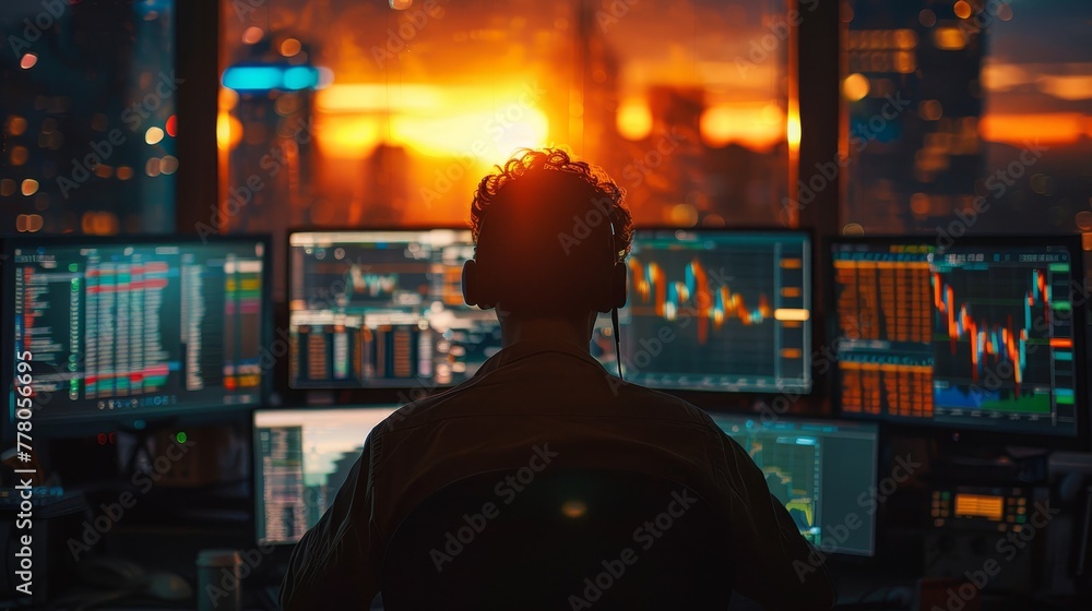 Poster a man is sitting in front of a computer monitor with a sunset in the background. he is wearing headp