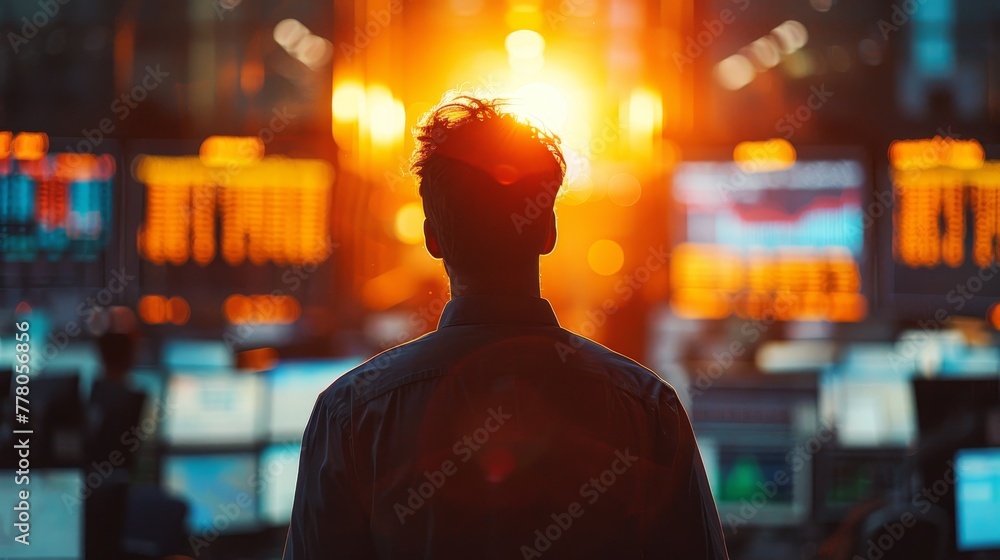 Poster a man is standing in front of a computer monitor with a bright orange sun in the background. the man