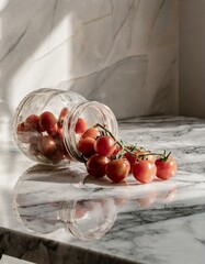 An antique glass jar tipped over, with cherry tomatoes spilling out onto a marble countertop, capturing a moment of abundance and the simple beauty of the fruit